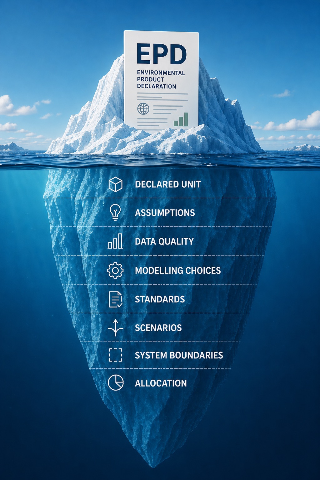 An EPD document as the tip of an iceberg, with declared unit, assumptions, data quality and other layers hidden below the waterline